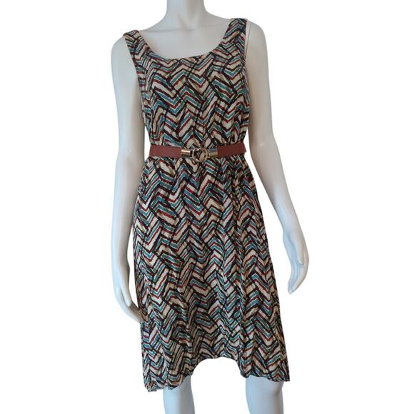 Calvin Klein Tan Brown Teal Rust Sleeveless Fit and Flare Hi-Low Belt dress Sz 6 - Picture 1 of 6